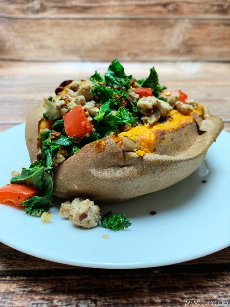 Turkey, Pepper & Kale Stuffed Sweet Potato