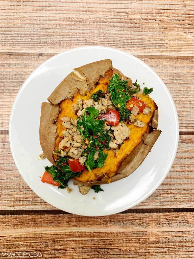 Turkey, Pepper & Kale Stuffed Sweet Potato