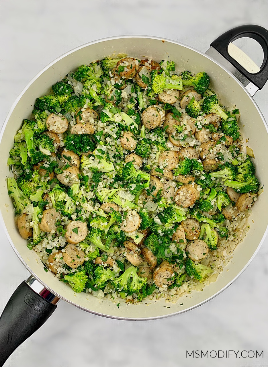 One Skillet Sausage Broccoli & Cauliflower Rice MsModify